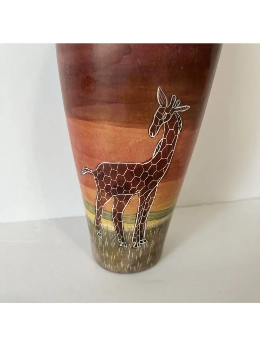 Hand Carved Soapstone Etched Giraffe Tree African Art Vase Made In Kenya